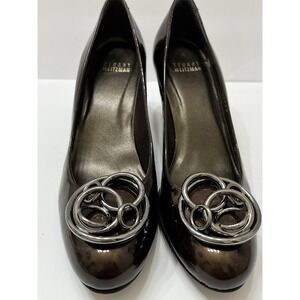 Stuart Weitzman Chocolate Brown Pumps Metal Circle Toe Accents Square Heel 7.5N